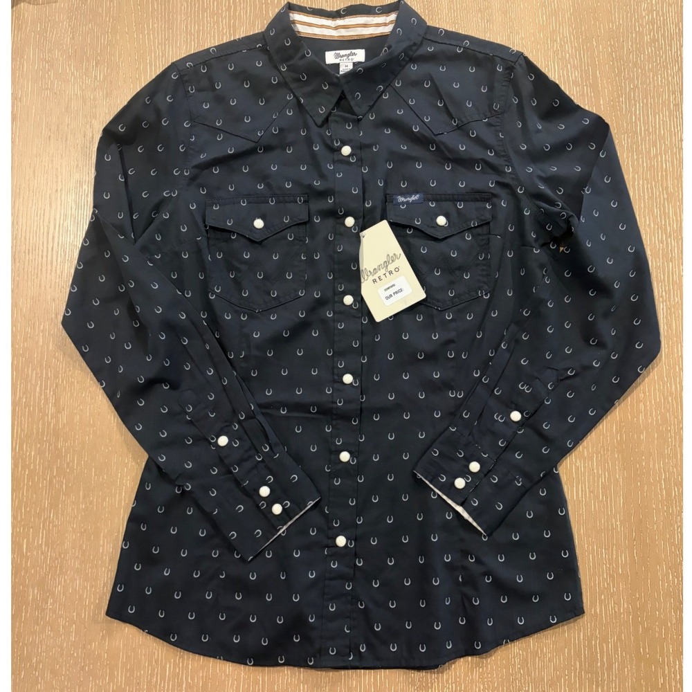 Wrangler‎ Retro Womens Large Black Horseshoe Print Pearl Snap Western Blouse NEW